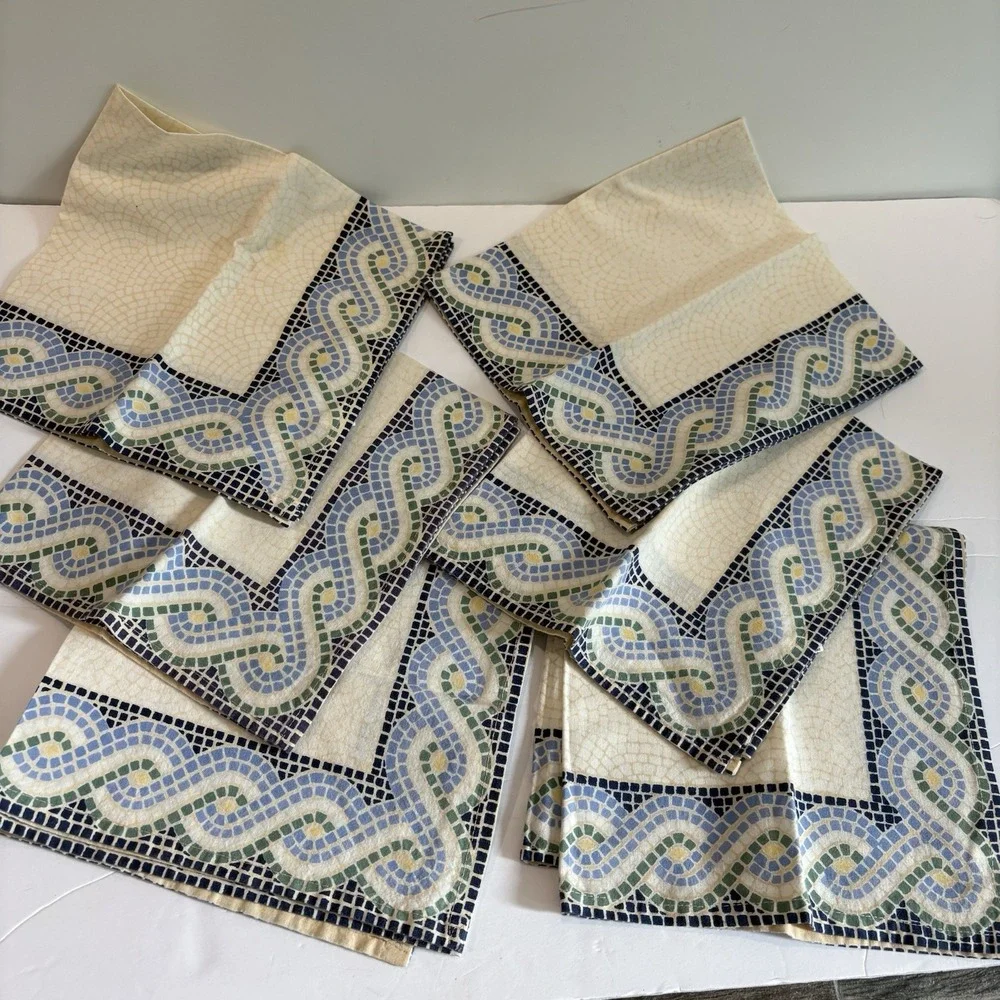 Pottery Barn Napkin Set (6) Cotton Cream Blue Green Yellow Mosaic Border 19